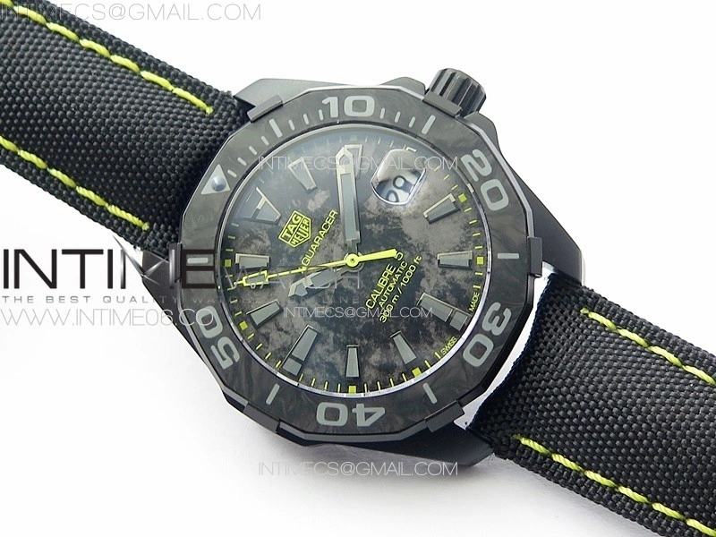 Aquaracer Calibre 5 PVD 41mm TARF 1:1 Best Edition Carbon Yellow Dial on Black Nylon Strap SW200