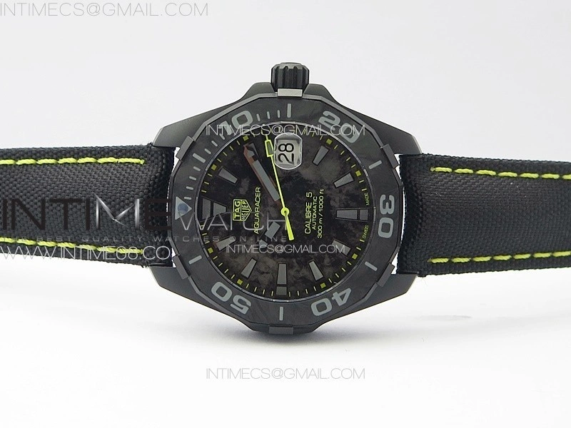 Aquaracer Calibre 5 PVD 41mm TARF 1:1 Best Edition Carbon Yellow Dial on Black Nylon Strap SW200