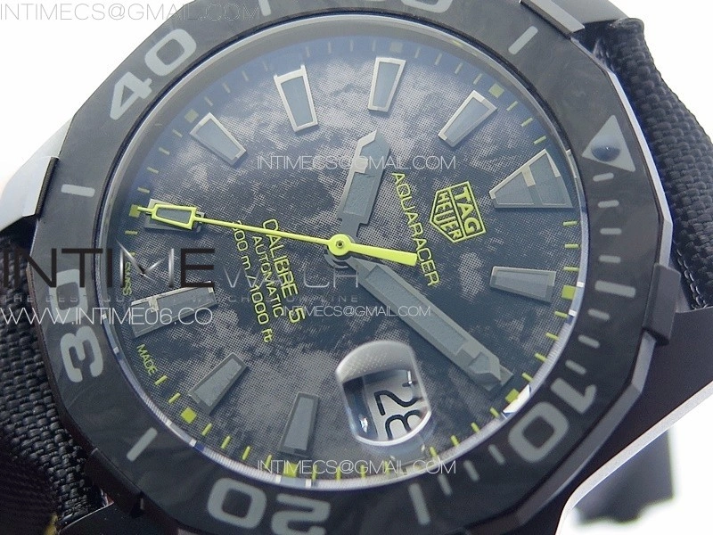 Aquaracer Calibre 5 PVD 41mm TARF 1:1 Best Edition Carbon Yellow Dial on Black Nylon Strap SW200