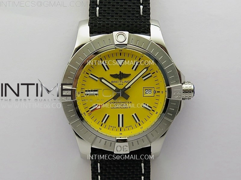 Avenger Automatic 43mm SS TF 1:1 Best Edition Yellow Dial Stick Marker on Black Nylon Strap A2824