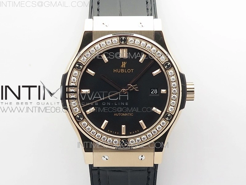 Classic Fusion 42mm RG Paved Diamonds Bezel B50F Black Dial On Black Gummy Strap A2892