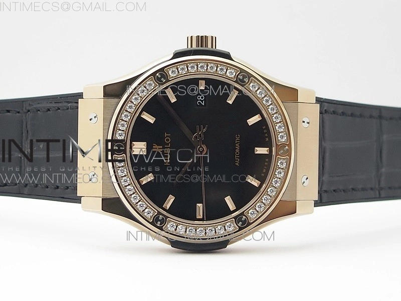 Classic Fusion 42mm RG Paved Diamonds Bezel B50F Black Dial On Black Gummy Strap A2892