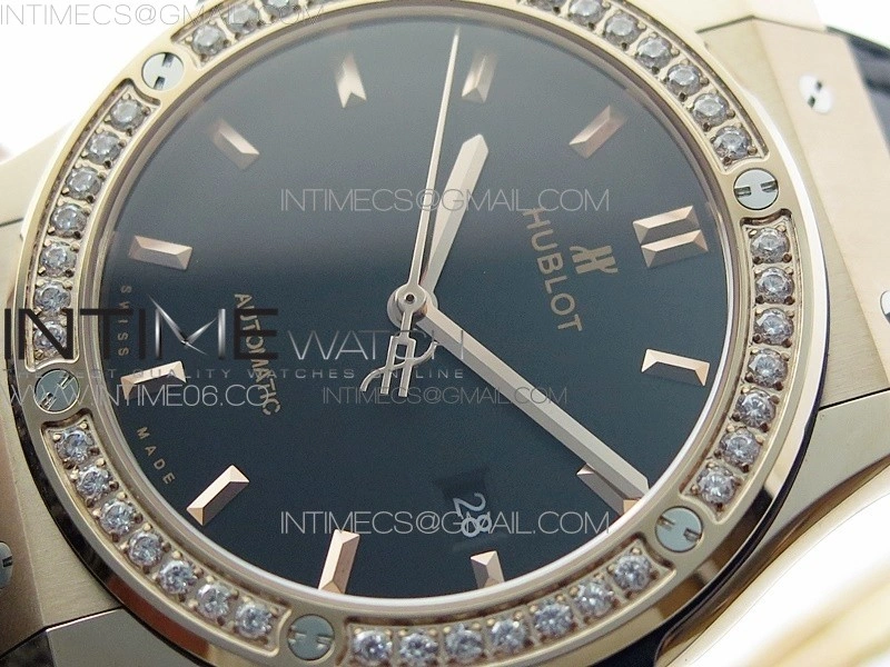 Classic Fusion 42mm RG Paved Diamonds Bezel B50F Black Dial On Black Gummy Strap A2892