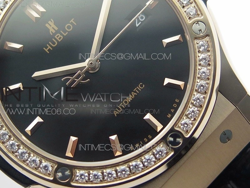 Classic Fusion 42mm RG Paved Diamonds Bezel B50F Black Dial On Black Gummy Strap A2892