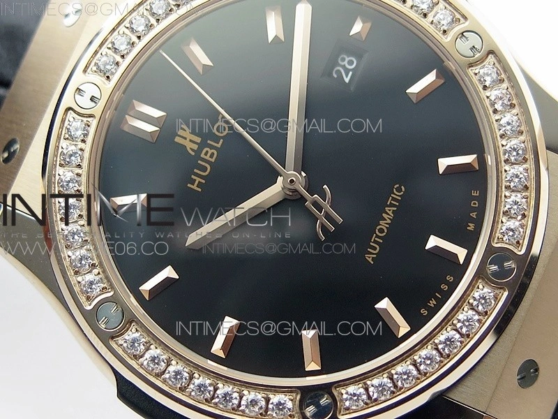Classic Fusion 42mm RG Paved Diamonds Bezel B50F Black Dial On Black Gummy Strap A2892