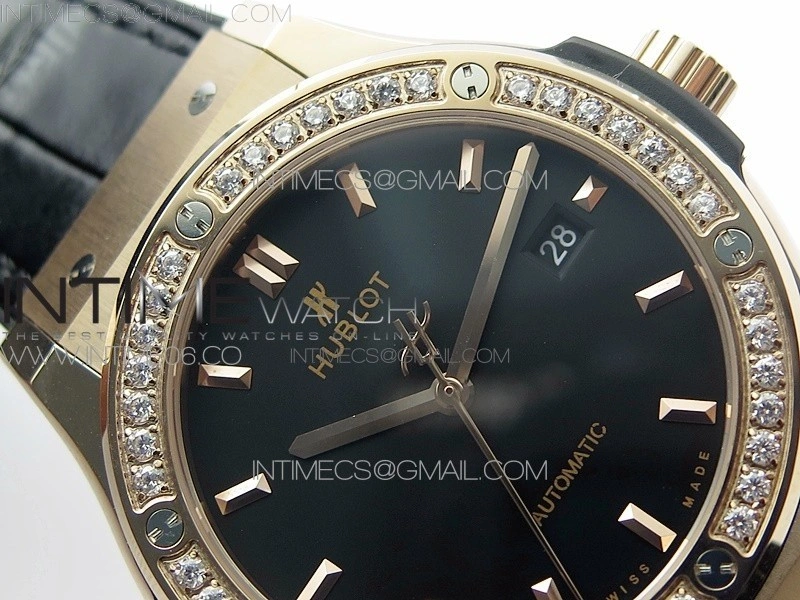 Classic Fusion 42mm RG Paved Diamonds Bezel B50F Black Dial On Black Gummy Strap A2892