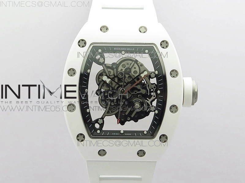 RM055 White Ceramic KVF Best Edition Skeleton Dial Black Crown on White Rubber Strap MIYOTA8215 V3