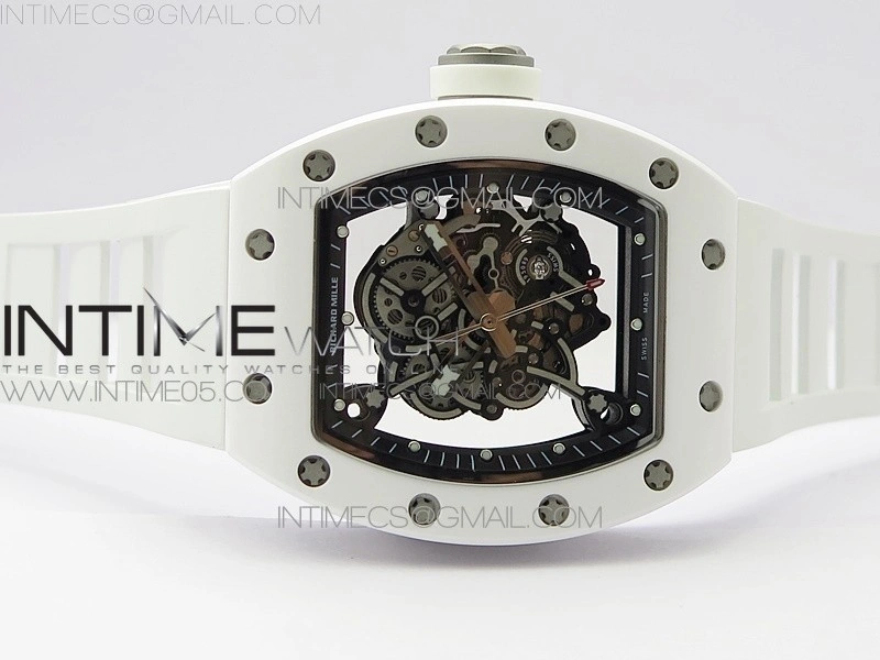 RM055 White Ceramic KVF Best Edition Skeleton Dial Black Crown on White Rubber Strap MIYOTA8215 V3