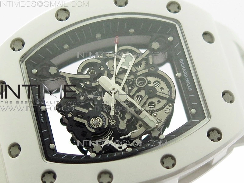 RM055 White Ceramic KVF Best Edition Skeleton Dial Black Crown on White Rubber Strap MIYOTA8215 V3