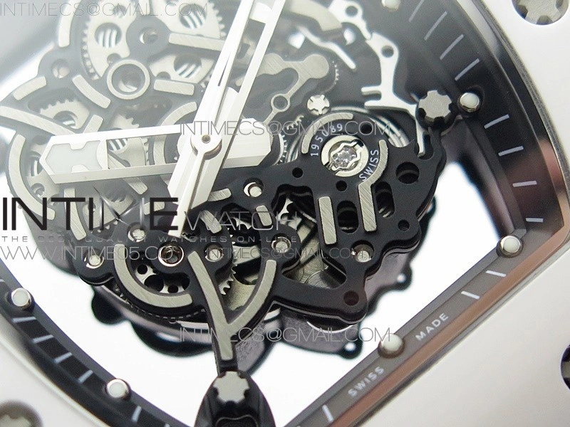 RM055 White Ceramic KVF Best Edition Skeleton Dial Black Crown on White Rubber Strap MIYOTA8215 V3