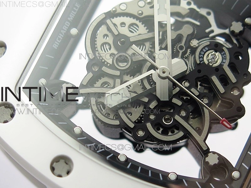 RM055 White Ceramic KVF Best Edition Skeleton Dial Black Crown on White Rubber Strap MIYOTA8215 V3