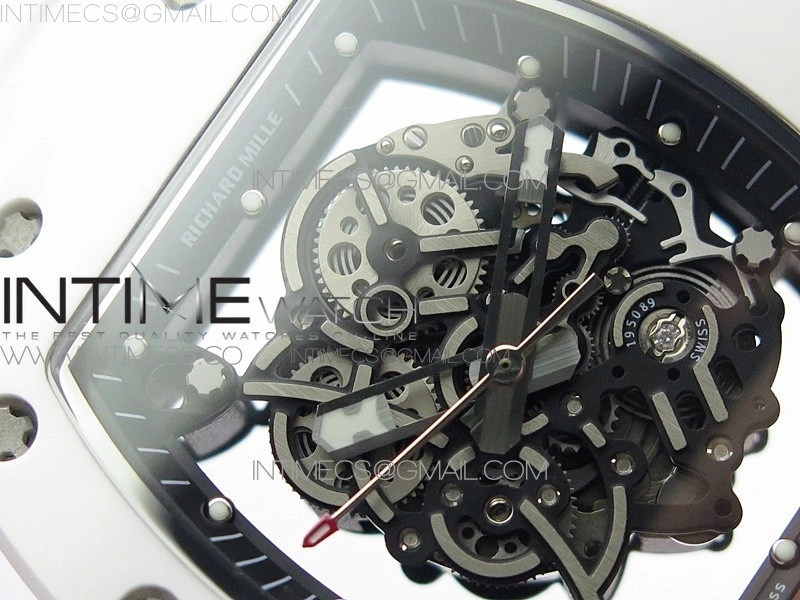 RM055 White Ceramic KVF Best Edition Skeleton Dial Black Crown on White Rubber Strap MIYOTA8215 V3