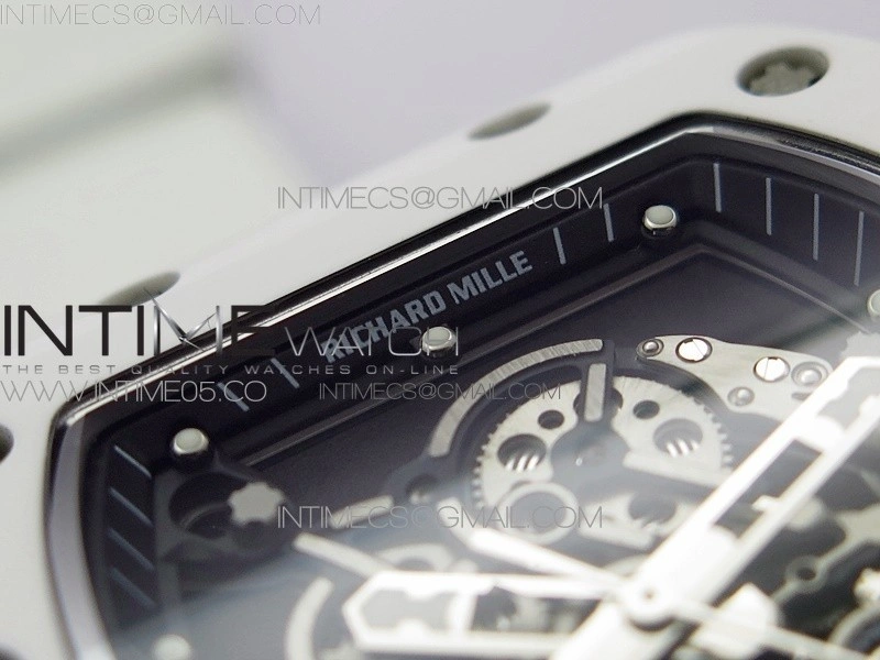 RM055 White Ceramic KVF Best Edition Skeleton Dial Black Crown on White Rubber Strap MIYOTA8215 V3