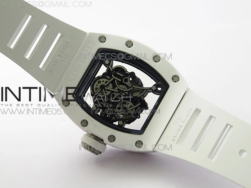 RM055 White Ceramic KVF Best Edition Skeleton Dial Black Crown on White Rubber Strap MIYOTA8215 V3