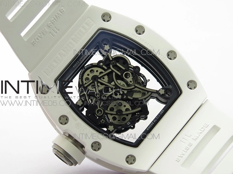 RM055 White Ceramic KVF Best Edition Skeleton Dial Black Crown on White Rubber Strap MIYOTA8215 V3