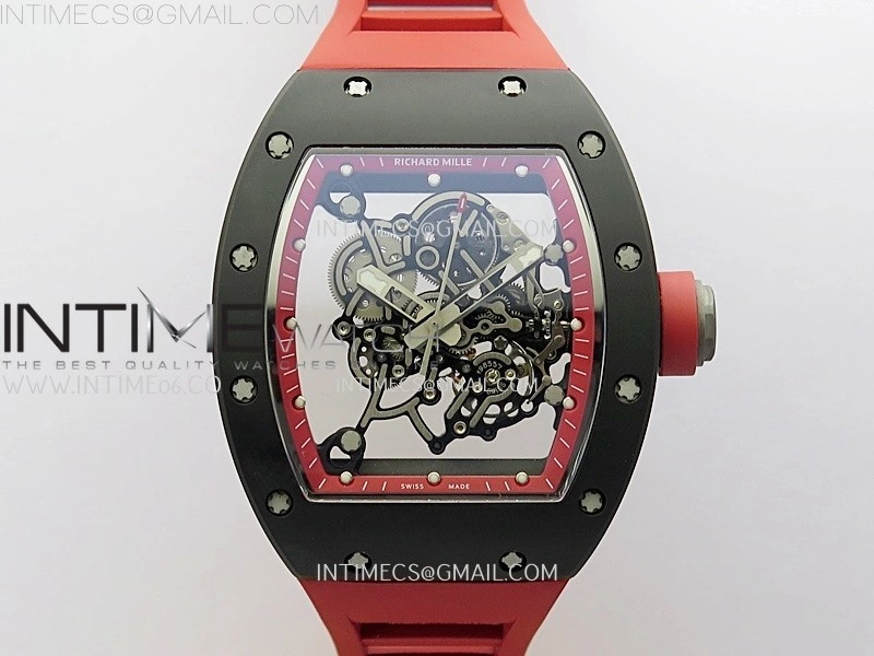 RM055 Black Ceramic Red Inner RMF Best Edition Skeleton Dial On Red Rubber Strap RMUL2 Super Clone