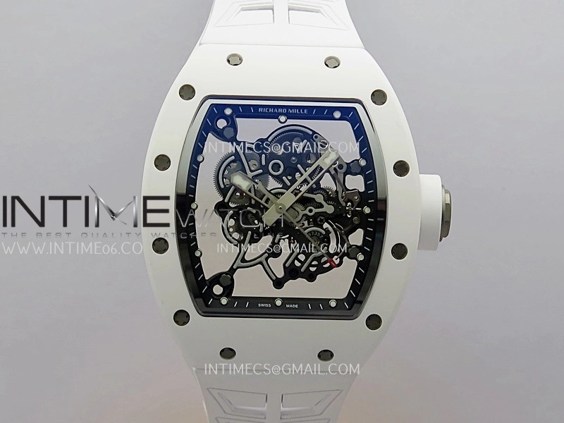RM055 White Ceramic ZF 1:1 Best Edition Skeleton Dial On White Shark Rubber Strap RMUL2 Super Clone