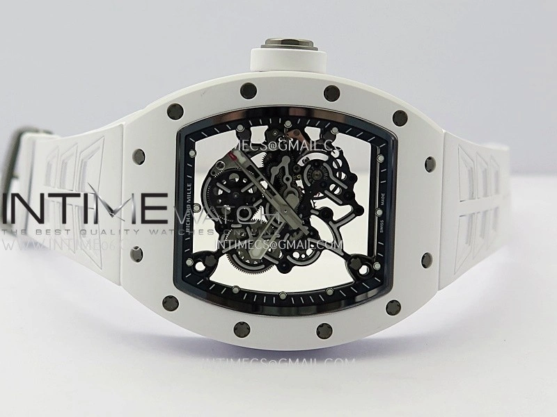 RM055 White Ceramic ZF 1:1 Best Edition Skeleton Dial On White Shark Rubber Strap RMUL2 Super Clone