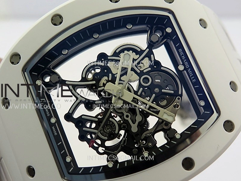RM055 White Ceramic ZF 1:1 Best Edition Skeleton Dial On White Shark Rubber Strap RMUL2 Super Clone