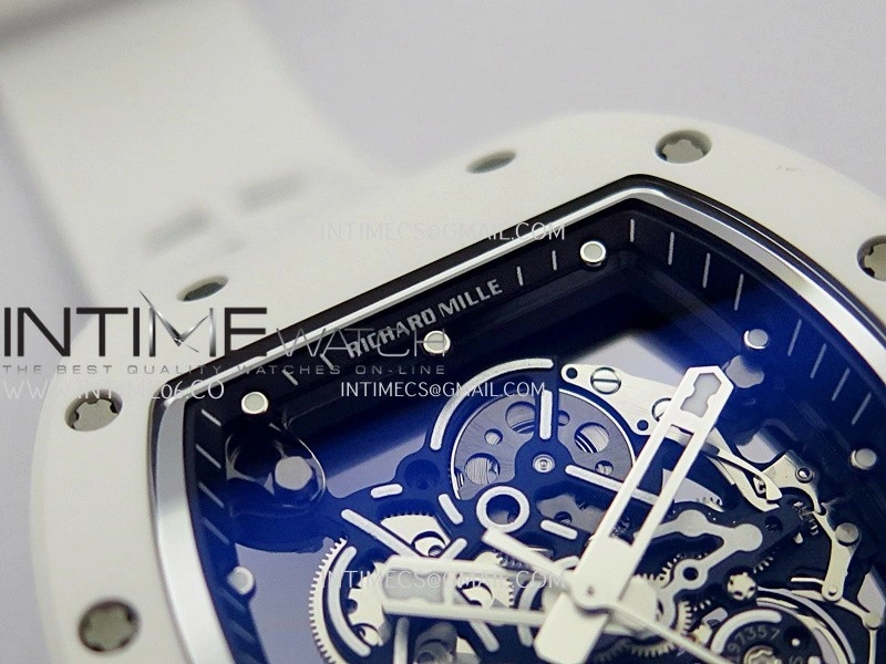 RM055 White Ceramic ZF 1:1 Best Edition Skeleton Dial On White Shark Rubber Strap RMUL2 Super Clone