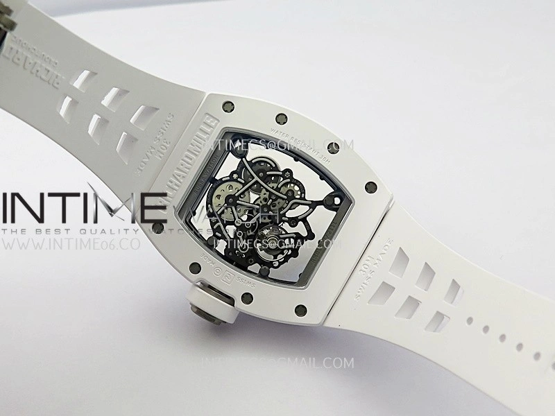 RM055 White Ceramic ZF 1:1 Best Edition Skeleton Dial On White Shark Rubber Strap RMUL2 Super Clone