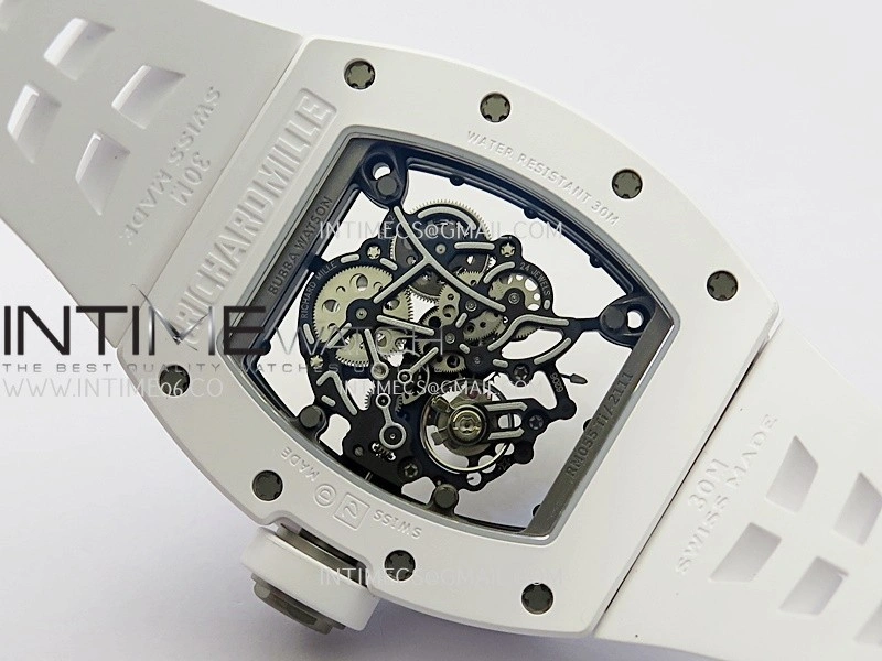 RM055 White Ceramic ZF 1:1 Best Edition Skeleton Dial On White Shark Rubber Strap RMUL2 Super Clone
