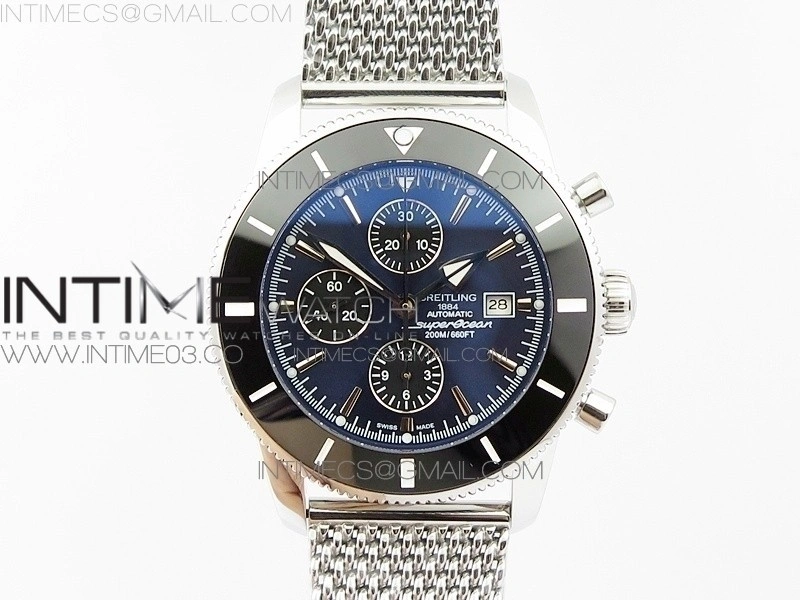 SuperOcean A13312 46mm Black Ceramic Bezel Blue Dial black subdial on SS Bracelet A7750