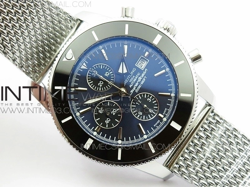 SuperOcean A13312 46mm Black Ceramic Bezel Blue Dial black subdial on SS Bracelet A7750