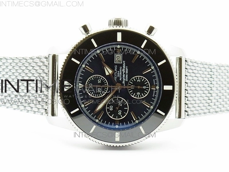 SuperOcean A13312 46mm Black Ceramic Bezel Blue Dial black subdial on SS Bracelet A7750