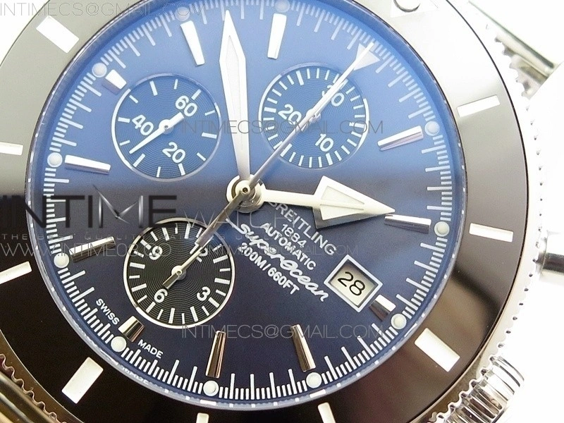 SuperOcean A13312 46mm Black Ceramic Bezel Blue Dial black subdial on SS Bracelet A7750