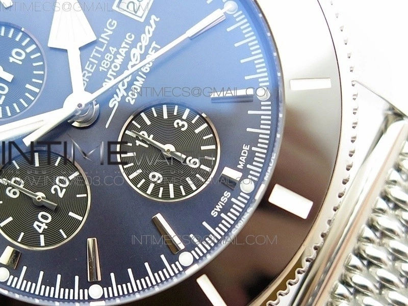 SuperOcean A13312 46mm Black Ceramic Bezel Blue Dial black subdial on SS Bracelet A7750