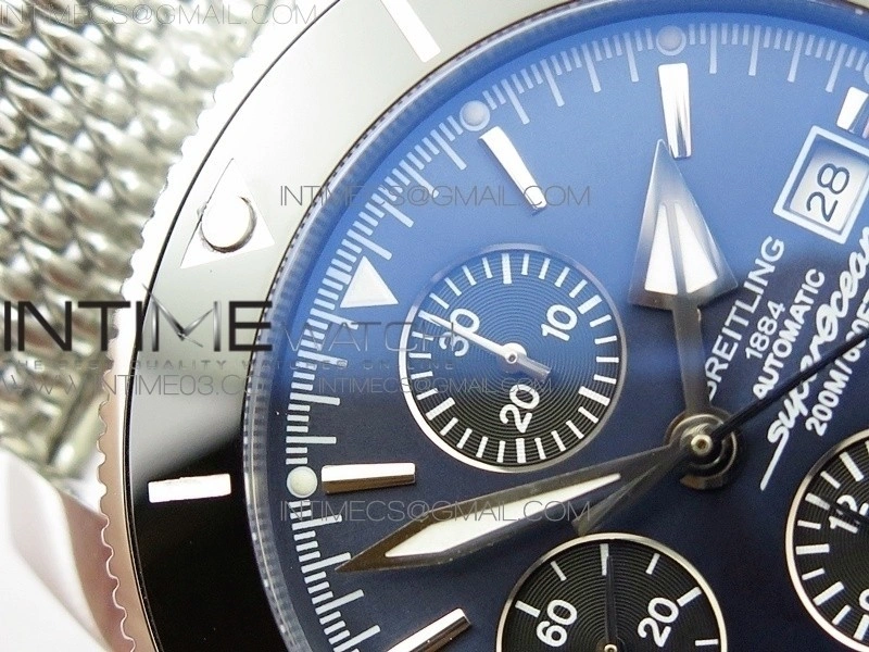 SuperOcean A13312 46mm Black Ceramic Bezel Blue Dial black subdial on SS Bracelet A7750
