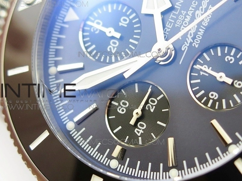 SuperOcean A13312 46mm Black Ceramic Bezel Blue Dial black subdial on SS Bracelet A7750