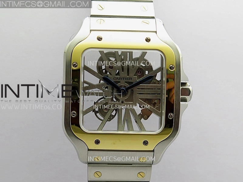 Santos Black SS YG Rich Factory 1:1 Skeleton Silver Dial On SS YG SmartLink Bracelet 9611MC Super Clone