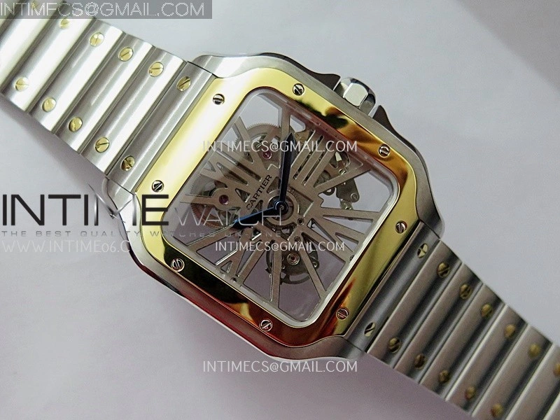Santos Black SS YG Rich Factory 1:1 Skeleton Silver Dial On SS YG SmartLink Bracelet 9611MC Super Clone
