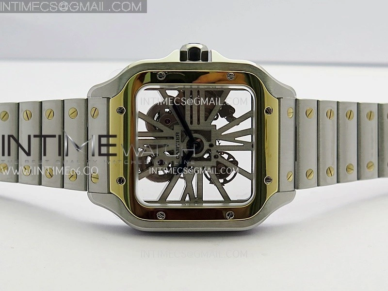 Santos Black SS YG Rich Factory 1:1 Skeleton Silver Dial On SS YG SmartLink Bracelet 9611MC Super Clone