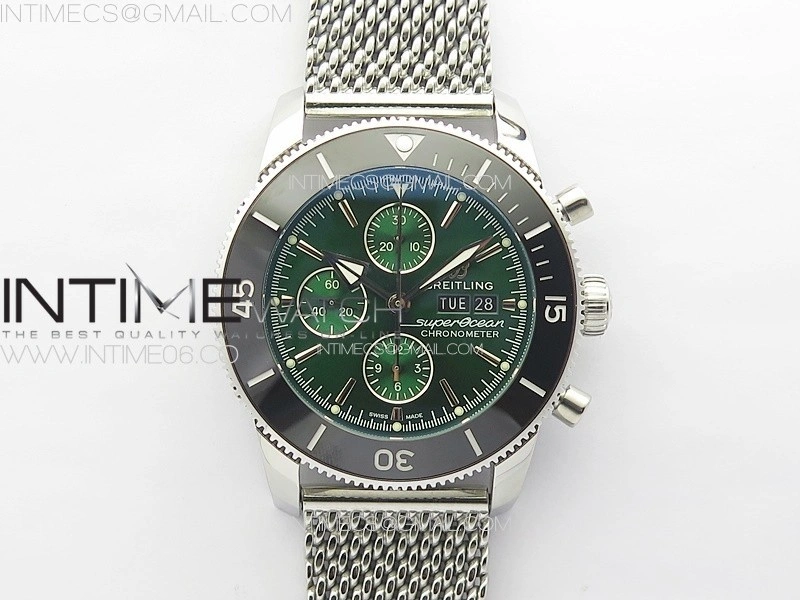 SuperOcean 46mm Black Ceramic Bezel B50 Best Edition Green Dial Green Subdials on SS Bracelet A7750