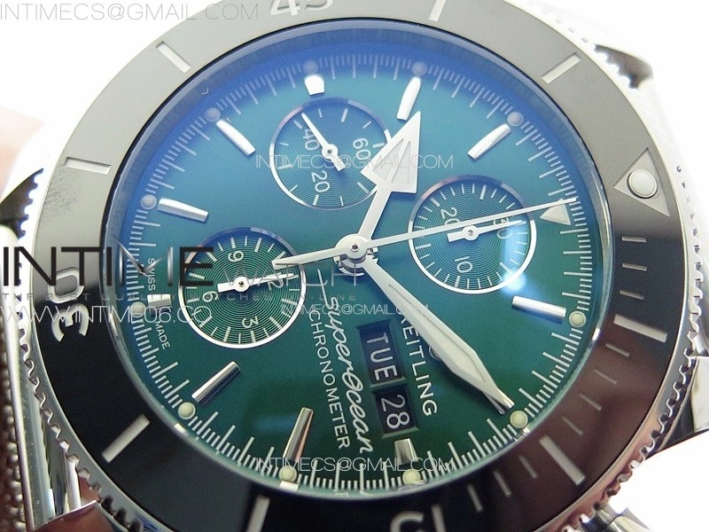 SuperOcean 46mm Black Ceramic Bezel B50 Best Edition Green Dial Green Subdials on SS Bracelet A7750