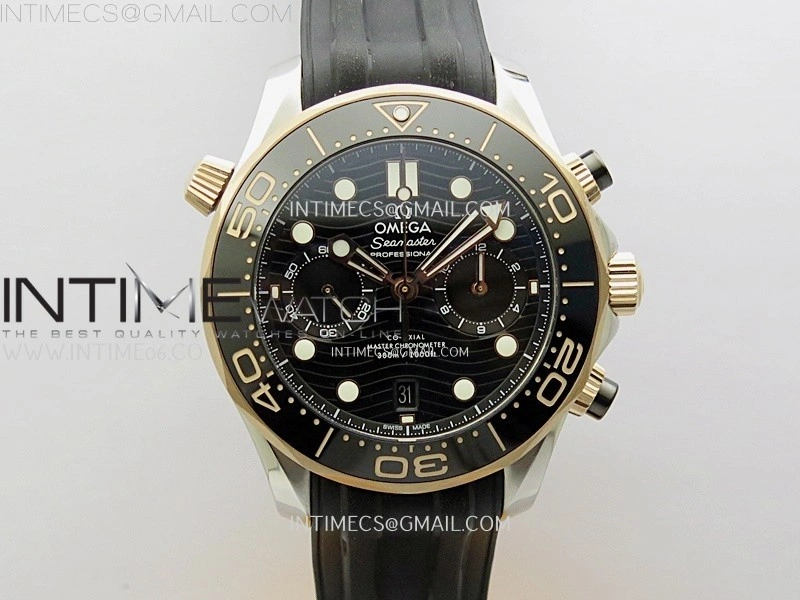 Seamaster 300M Chrono Black Ceramic Bezel SS RG N1F 1:1 Best Edition Black Dial on Black Rubber Strap A9900