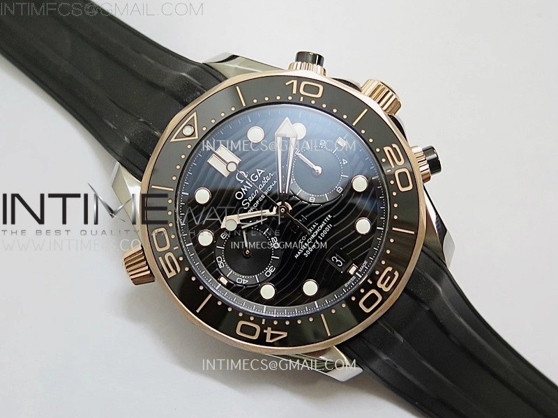Seamaster 300M Chrono Black Ceramic Bezel SS RG N1F 1:1 Best Edition Black Dial on Black Rubber Strap A9900