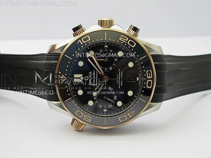 Seamaster 300M Chrono Black Ceramic Bezel SS RG N1F 1:1 Best Edition Black Dial on Black Rubber Strap A9900