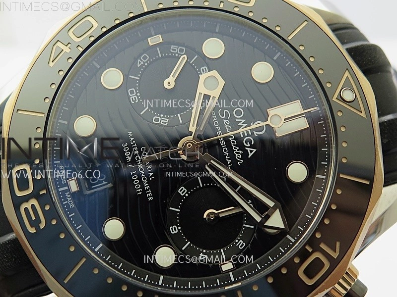 Seamaster 300M Chrono Black Ceramic Bezel SS RG N1F 1:1 Best Edition Black Dial on Black Rubber Strap A9900