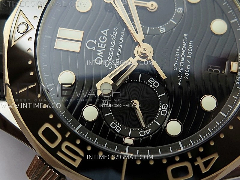 Seamaster 300M Chrono Black Ceramic Bezel SS RG N1F 1:1 Best Edition Black Dial on Black Rubber Strap A9900