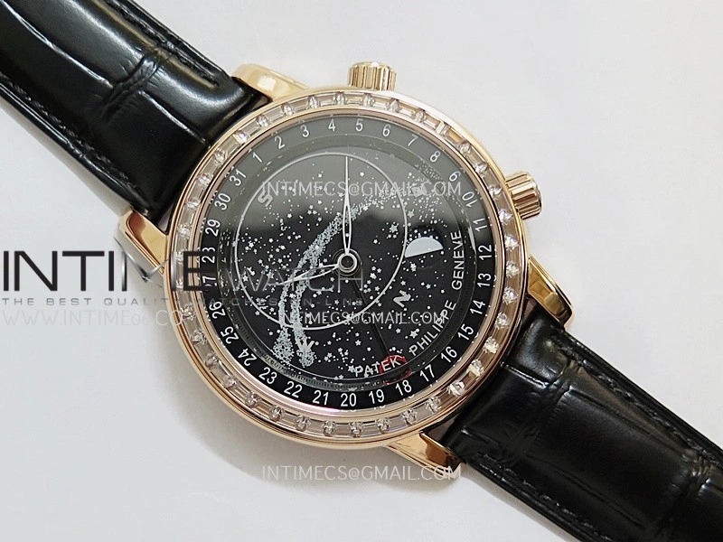 Grand Complications 6102G Moon RG T Crystal YF Black Dial on Black Leather Strap A240