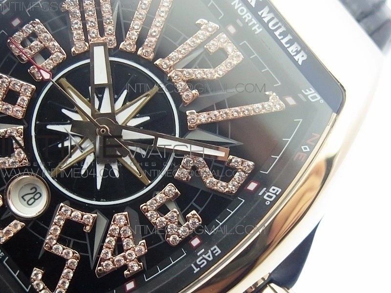 Vanguard V45 RG ABF Best Edition Black Dial Diamonds Markers on Black Gummy Strap A2813