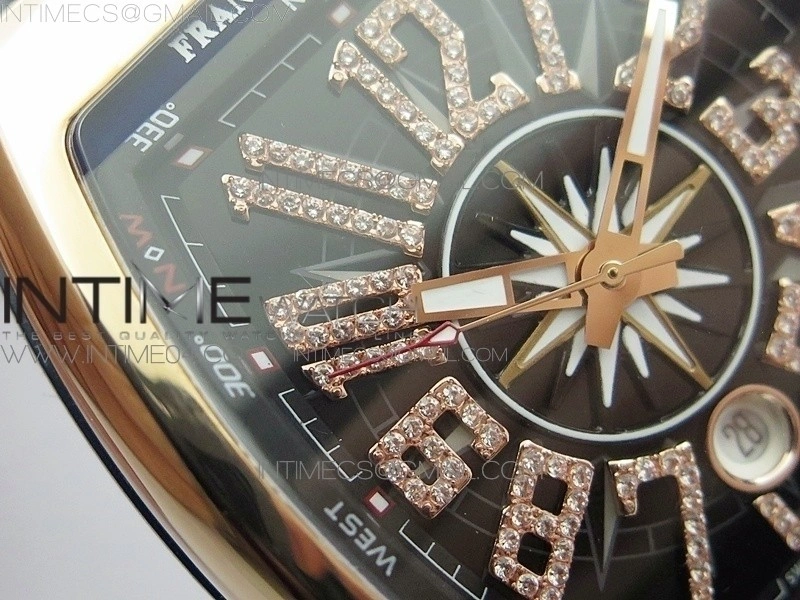 Vanguard V45 RG ABF Best Edition Black Dial Diamonds Markers on Black Gummy Strap A2813
