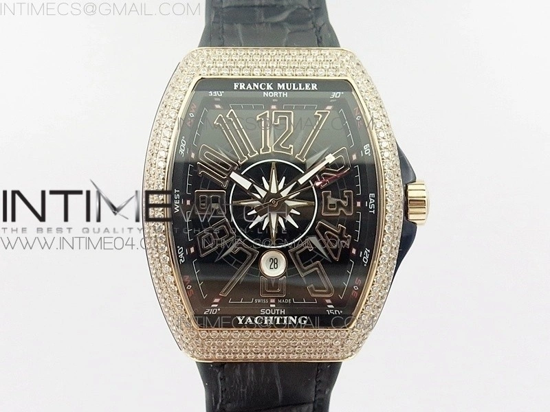 Vanguard V45 RG Full Diamonds Black Textured Numbers Markers on Black Gummy Strap A2813