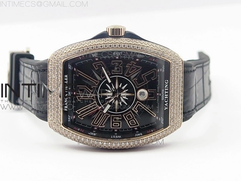 Vanguard V45 RG Full Diamonds Black Textured Numbers Markers on Black Gummy Strap A2813