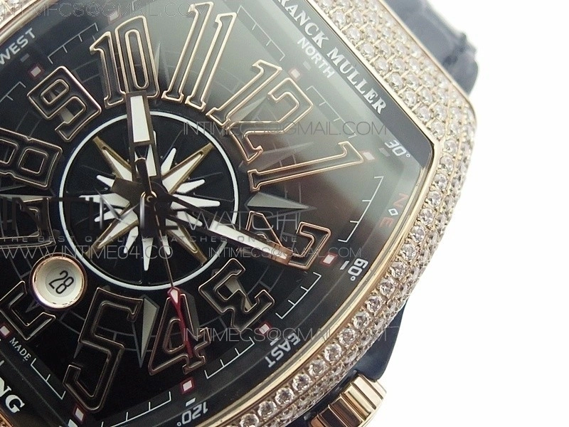 Vanguard V45 RG Full Diamonds Black Textured Numbers Markers on Black Gummy Strap A2813