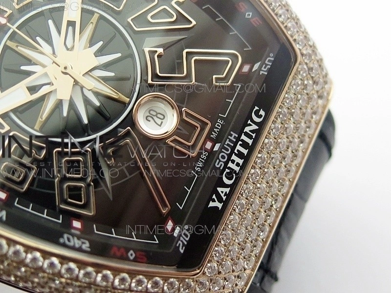 Vanguard V45 RG Full Diamonds Black Textured Numbers Markers on Black Gummy Strap A2813